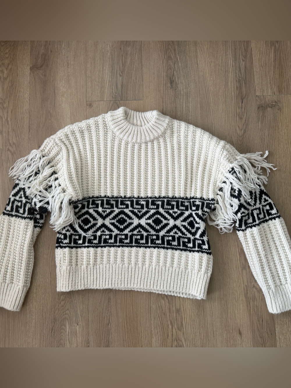 H&M Cream and Black Fringe Knit Sweater